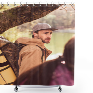 Personality  Young Bearded Man Traveler With Backpack Shower Curtains
