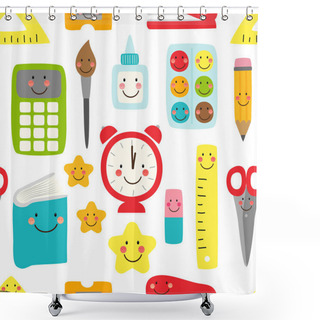 Personality  Cute Childish Seamless Pattern Back To School Supplies As Smiling Cartoon Characters Shower Curtains