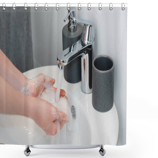 Personality  Cropped View Of Girl Washing Soapy Hands In Bathroom  Shower Curtains