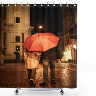 Personality  Back View Of Couple In Autumn Outfit Walking Under Umbrella Along Evening Street Shower Curtains