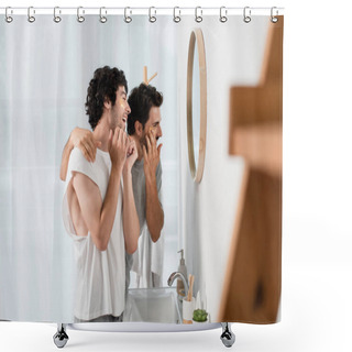 Personality  Happy Gay Couple Applying Eye Patches In Bathroom Shower Curtains