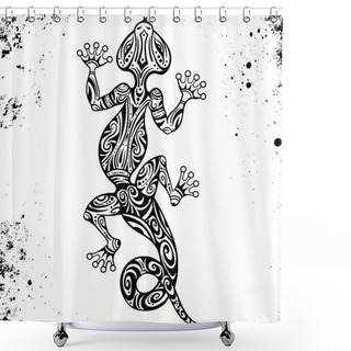 Personality  Vector Drawing Of A Lizard Or Salamander With Ethnic Patterns Of Aboriginal Australia. On The Grange Background. Image Salamandy As A Tattoo. Shower Curtains
