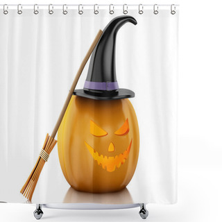 Personality  3d Halloween Pumpkin With Hat And Broom. Shower Curtains
