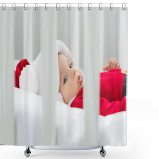 Personality  Close-up Shot Of Beautiful Little Baby In Santa Suit Lying In Crib Shower Curtains