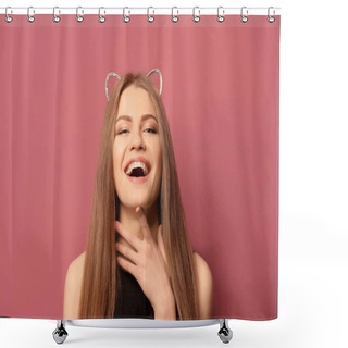 Personality  Beautiful Young Woman With Cat Ears On Color Background Shower Curtains