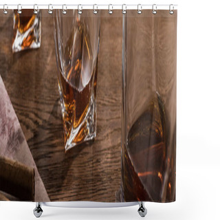 Personality  Panoramic Shot Of Glasses Of Brandy With Decanter And Cigars On Map On Wooden Table Shower Curtains
