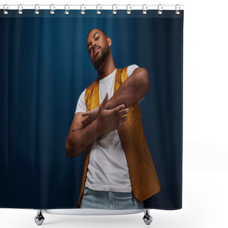 Personality  Handsome Young Man In Vest And Jeans Slightly Crossing His Arms Palm To Palm, Fashion Concept Shower Curtains