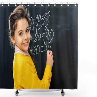 Personality  Smiling Schoolgirl Writing On Blackboard With Chalk And Looking At Camera Shower Curtains