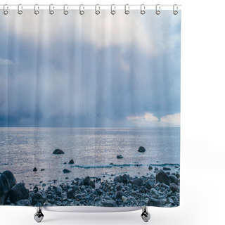Personality  Panoramic View Of The Sea Coast With Stones And Thunderclouds Shower Curtains