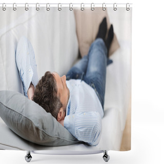 Personality  Rear View On Man With Hands Behind Head Lying On Sofa Shower Curtains