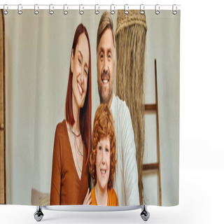 Personality  Smiling Parents With Redhead Son Sitting Looking At Camera In Modern Bedroom, Horizontal Banner Shower Curtains