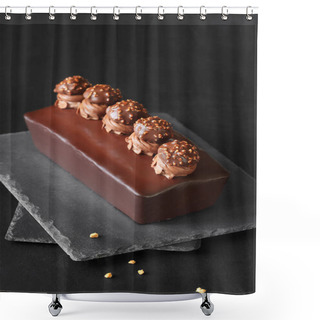 Personality  Chocolate-Covered Hazelnut Loaf Cake With Hazelnut Cream Decorated With Whipped Chocolate Ganache And Praline Truffles, On A Dark Background. Shower Curtains