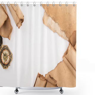 Personality  Top View Of Vintage Compass And Aged Paper Isolated On White Shower Curtains