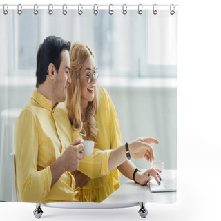 Personality  Couple Drinking Coffee And Talking By Table With Laptop Shower Curtains