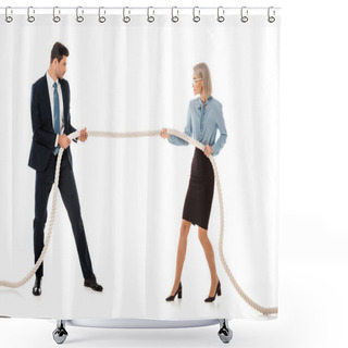 Personality  Businesspeople In Formal Wear Playing Tug Of War Isolated On White Shower Curtains