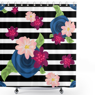 Personality  Flower Pattern On Striped Black And White Background. Shower Curtains