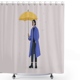 Personality  A Young Female Character Wearing An Oversize Coat And Holding A Yellow Umbrella, A Rainy Weather Concept Shower Curtains