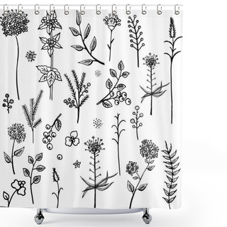 Personality  Set Of Various Branches, Flowers, And Berries, Drawn By Hand. Black Floral Rustic Symbols On White Hand Drawing Style, Isolated. Shower Curtains