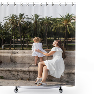 Personality  Woman In Summer Dress Touching Baby On Puente Del Mar Bridge In Valencia Shower Curtains