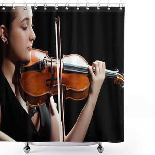 Personality  Attractive Female Musician Playing Symphony On Violin Isolated On Black Shower Curtains