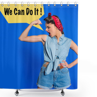 Personality  Young Woman In Retro Clothing Showing Muscles And Shouting With We Can Do It Speech Bubble Isolated On Blue Shower Curtains