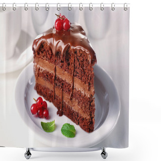 Personality  Delicious Chocolate Cake On Plate On Table On Light Background Shower Curtains