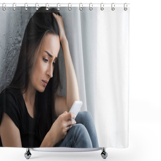 Personality  Disappointed Girl Using Smartphone While Sitting By Window At Home And Holding Hand On Head Shower Curtains