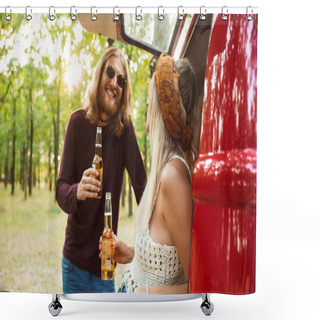 Personality  Photo Of Attractive Hippie Couple Man And Woman Smiling And Drinking Beer In Forest Near Retro Minivan Shower Curtains