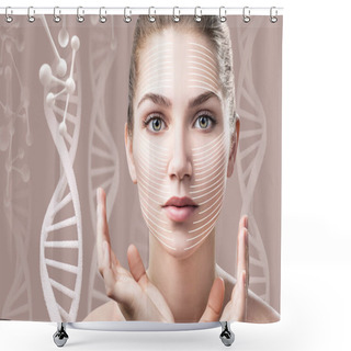 Personality  Portrait Of Sensual Woman Among DNA Chains. Shower Curtains