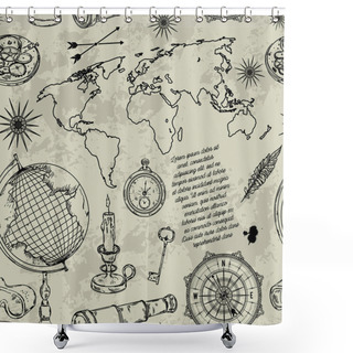 Personality  Seamless Pattern With Globe, Compass, World Map And Wind Rose. Vintage Science Objects Set In Steampunk Style. Vector Illustration Shower Curtains