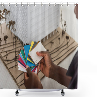 Personality  Cropped View Of African American Adult Female Architect Holding Color Palettes And Working On Construction Project  Shower Curtains