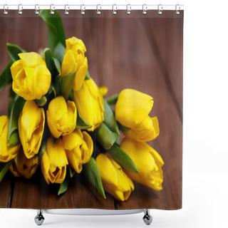 Personality  Banch Of Yellow Tulips Lying On Wooden Boards Shower Curtains