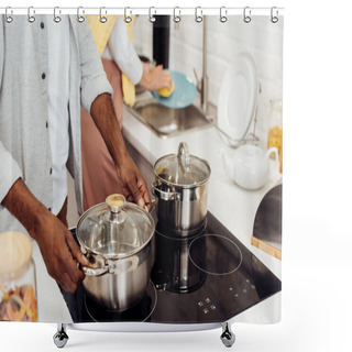 Personality  Close Up Of African American Man Holding Pot While Woman Washing Dishes At Kitchen Shower Curtains