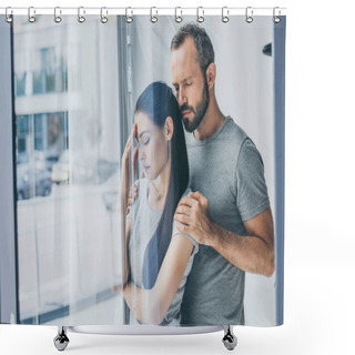 Personality  Bearded Man Supporting Sad Stressed Woman With Closed Eyes Standing Near Window Shower Curtains