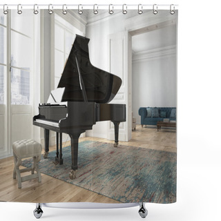 Personality  Black Piano In A Living Room. 3d Rendering Shower Curtains