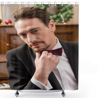 Personality  Close Up Portrait Of Elegant Gentleman In Tuxedo With Bow Tie Looking At Camera On Christmas Eve Shower Curtains