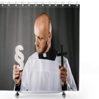 Personality  Catholic Priest In White Surplice Holding Crucifix And Paraphaph. Symbols Of Law And Religion. Church Harassment And Crime Concept Shower Curtains