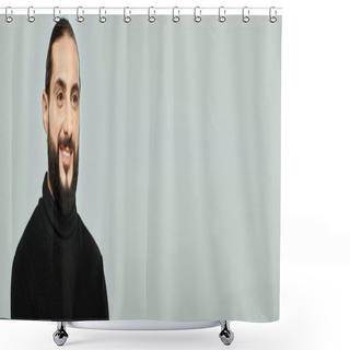 Personality  Portrait Of Cheerful And Handsome Arabic Man With Beard Posing In Black Turtleneck On Grey, Banner Shower Curtains
