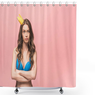 Personality  Dissatisfied Girl In Bikini And Crown Posing With Crossed Arms Isolated On Pink Shower Curtains