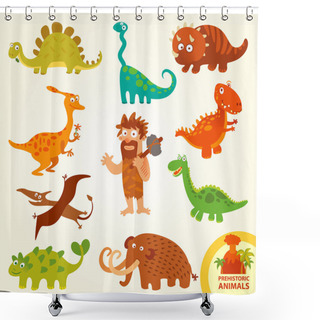 Personality  Set Funny Prehistoric Animals. Cartoon Character Shower Curtains