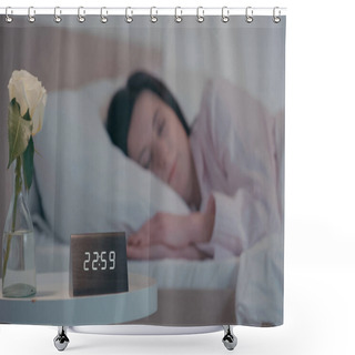 Personality  Flower And Clock On Bedside Table Near Blurred Woman Sleeping At Home  Shower Curtains