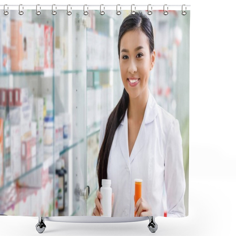 Personality  Pharmacist With Medication In Drugstore Shower Curtains