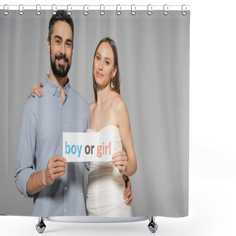 Personality  Positive And Trendy Pregnant Woman Holding Card With Boy Or Girl Lettering And Hugging Stylish Husband During Gender Reveal Surprise Party Isolated On Grey, Expecting Parents Concept Shower Curtains