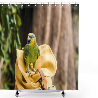 Personality  Beautiful Green Afrotropical Parrot Perching On Vintage Yellow Backpack Shower Curtains