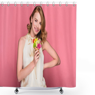 Personality  Beautiful Happy Girl Holding Wafer Cone With Flowers And Smiling At Camera Isolated On Pink  Shower Curtains