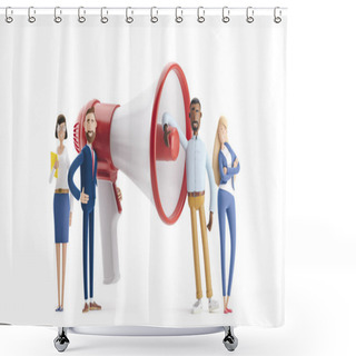 Personality  Concept Of Creative Team. 3d Illustration.  Hiring And Recruitment Concept With Characters. Group Of People Shouting On Megaphone Shower Curtains