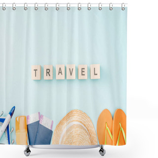 Personality  Top View Of Wooden Cubes With Travel Lettering, Straw Hat, Flip Flops, Passports And Air Tickets On Blue Background Shower Curtains