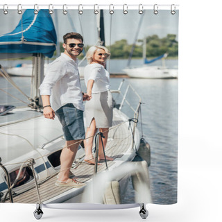 Personality  Beautiful Happy Young Couple In Sunglasses Holding Hands And Smiling At Camera On Yacht Shower Curtains