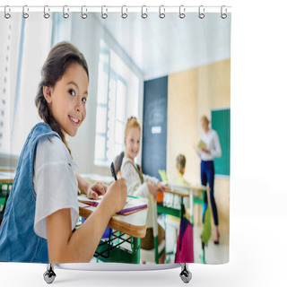 Personality  Little Schoolgirls Looking At Camera During Lesson At School Shower Curtains