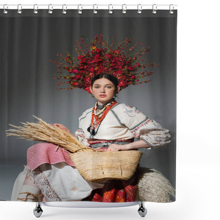 Personality  Young Ukrainian Woman In Traditional Clothes And Red Wreath With Flowers Holding Bag With Wheat On Dark Grey Shower Curtains